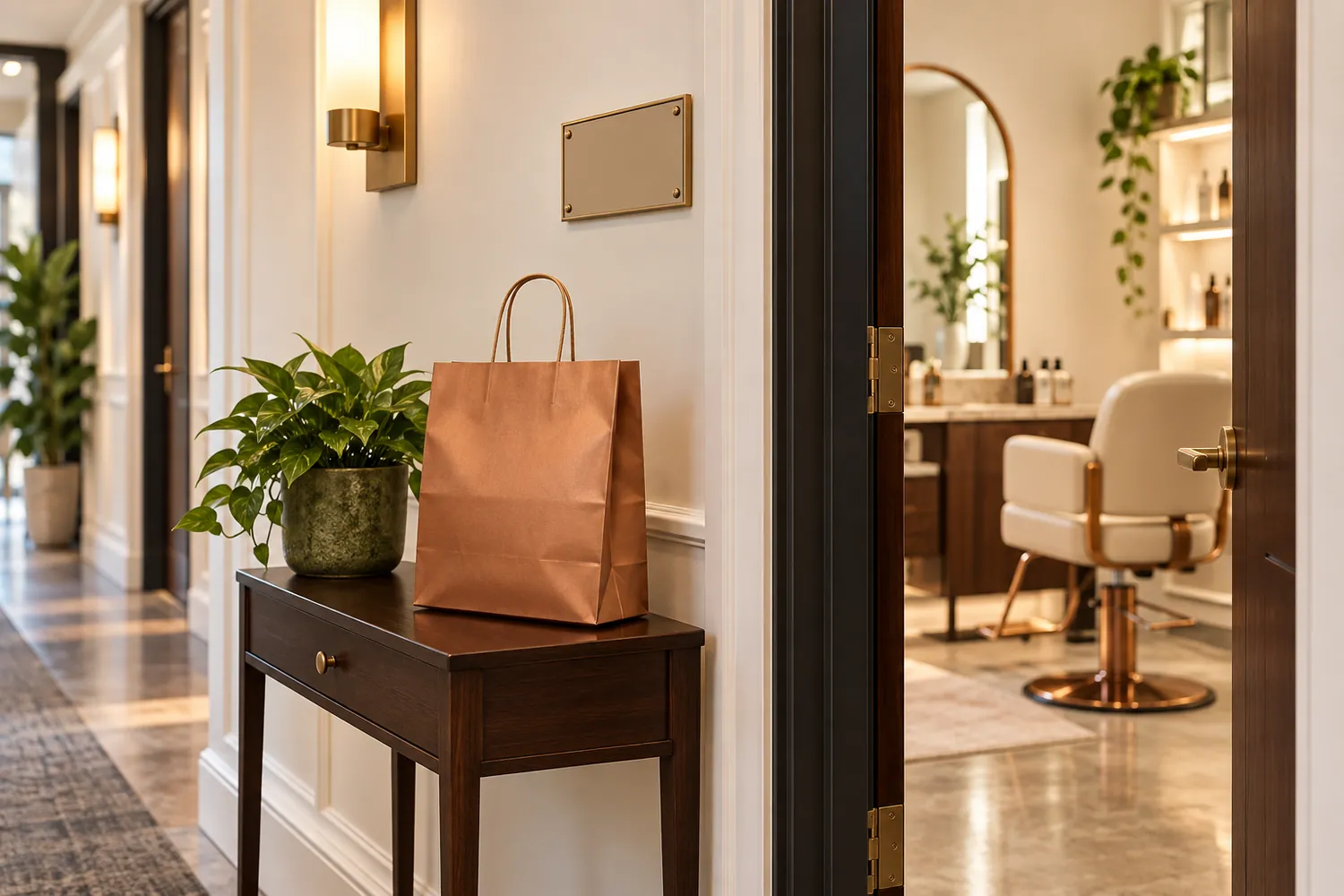 A copper supply bag waiting on a table beside the open door of a salon suite.